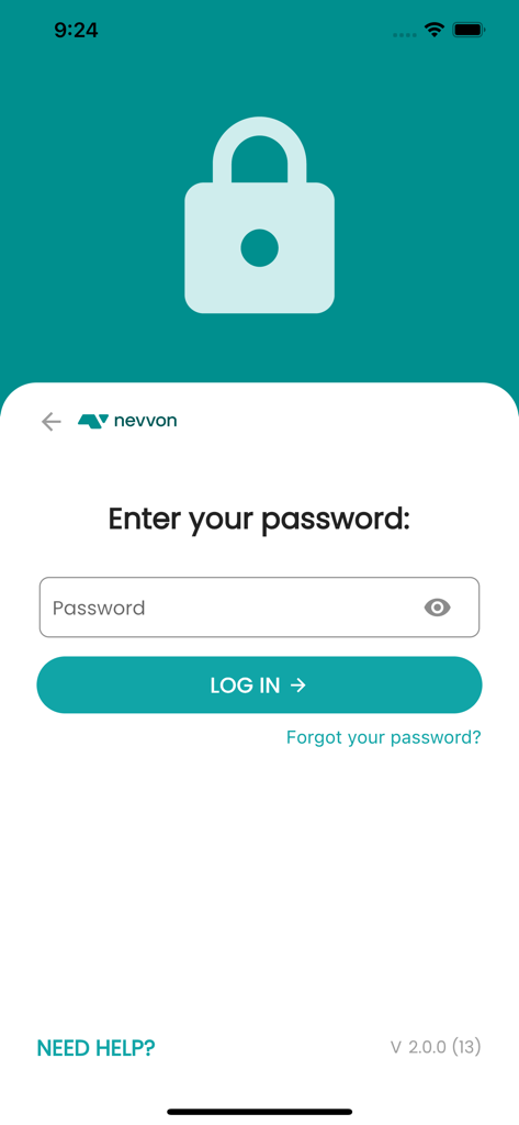 Nevvon - Login screen of the Nevvon app asking for a password