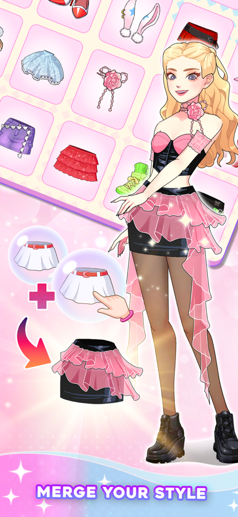 Idol Live: Mini Games Show - A screenshot of the Idol Live game showing the merge mechanic where two simple skirts are combined to create a more stylish one for a character.