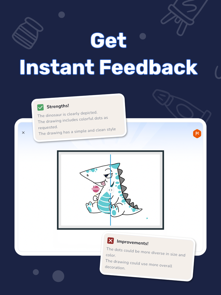 Artlexis app interface showing a dinosaur drawing with an instant feedback evaluation listing strengths and improvements