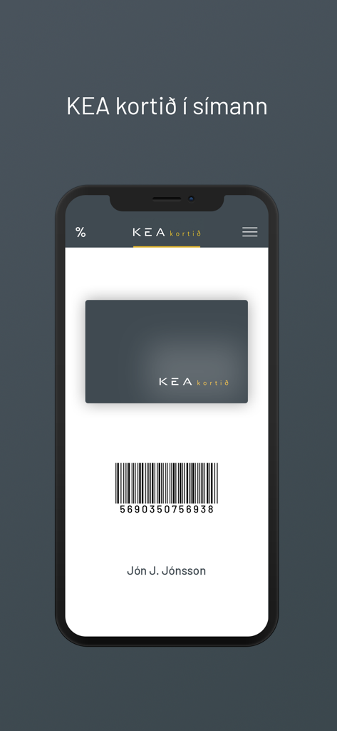 Digital membership card with a barcode on the KEA kortid app screen