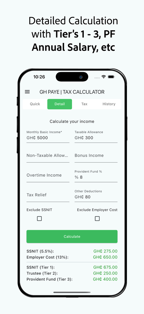 PAYE Calculator - Ghana PAYE - Interface showing a detailed tax calculator for Ghana PAYE and SSNIT contributions.