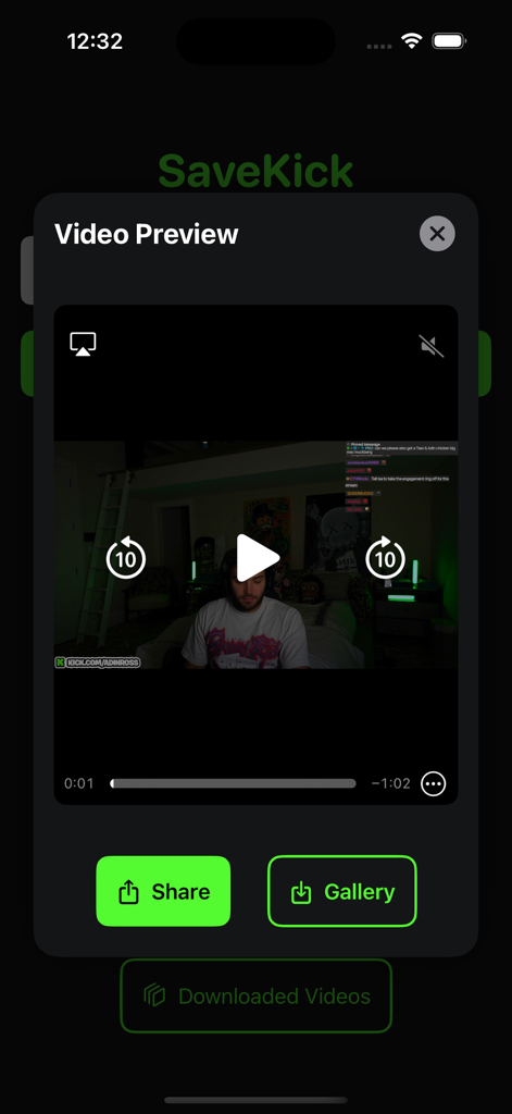 SaveKick app interface showing a video preview of a Kick stream with share and gallery options.