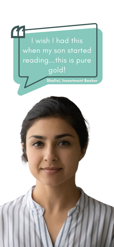 Learn to Read: Wild Phonics - Testimonio de Shalini, una banquera de inversiones, elogiando la aplicación Wild Phonics por su eficacia en la enseñanza de la lectura a los niños.