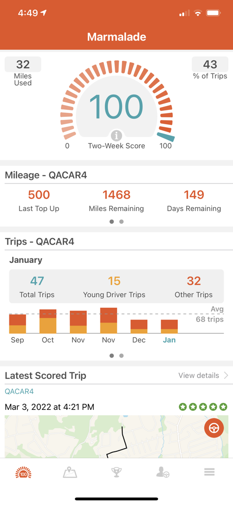 Marmalade Insurance - Marmalade Insurance app dashboard showing driving score, mileage stats, and recent trip map
