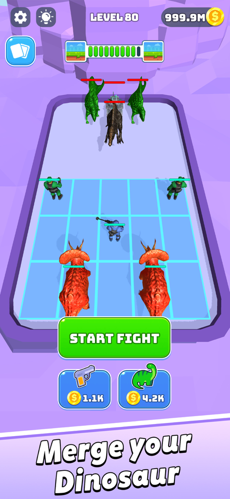 Merge Master: Dinosaurs Game - A gameplay screen of Merge Master Dinosaurs Game showing dinosaurs and warriors arranged on a strategy grid ready for battle
