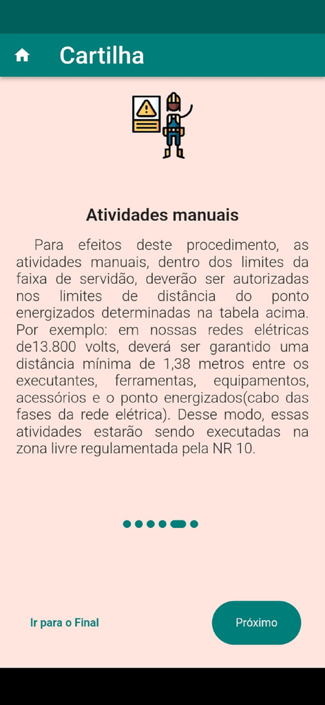 Zona Livre NR 10 - Educational screen from the Zona Livre NR 10 app explaining safety distances for manual activities near electrical networks.