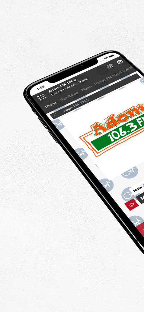 Africa Waves Radio - An iPhone displaying the Africa Waves Radio app player for Adom FM 106.3 from Accra Ghana