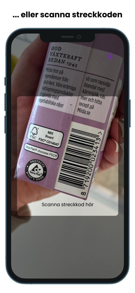 Wellobe - Scanning a food product barcode using the Wellobe app for calorie tracking and logging