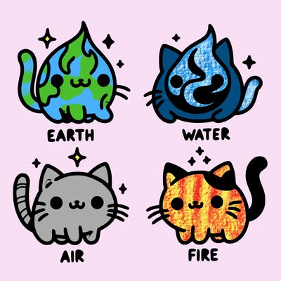 4 cats that represent the different elements, earth, water, air, and fire