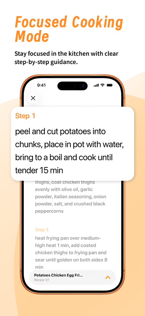 Cookidea app interface showing the Focused Cooking Mode with step-by-step recipe guidance.