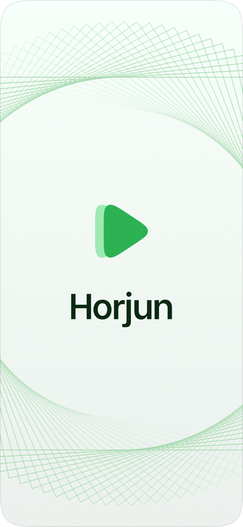 Horjun - Horjun app splash screen featuring the green play button logo and brand name on a patterned background.