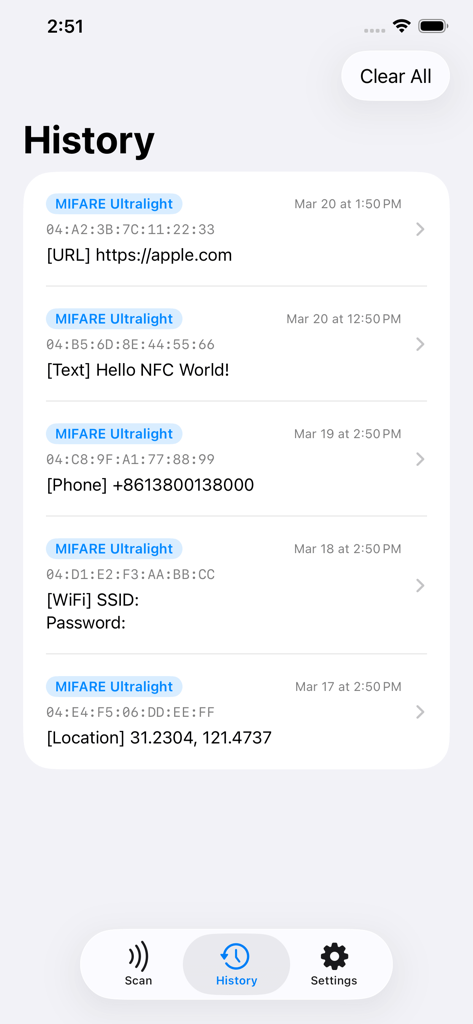 NFC Reader & Writer – NFC Tool - The History screen of the NFC Reader and Writer app showing a list of scanned MIFARE Ultralight tags with URL, text, phone, and location data.