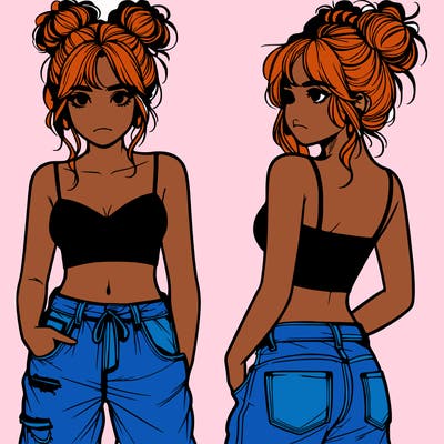 a realistic girl with a messy bun and baggy jeans with a crop top