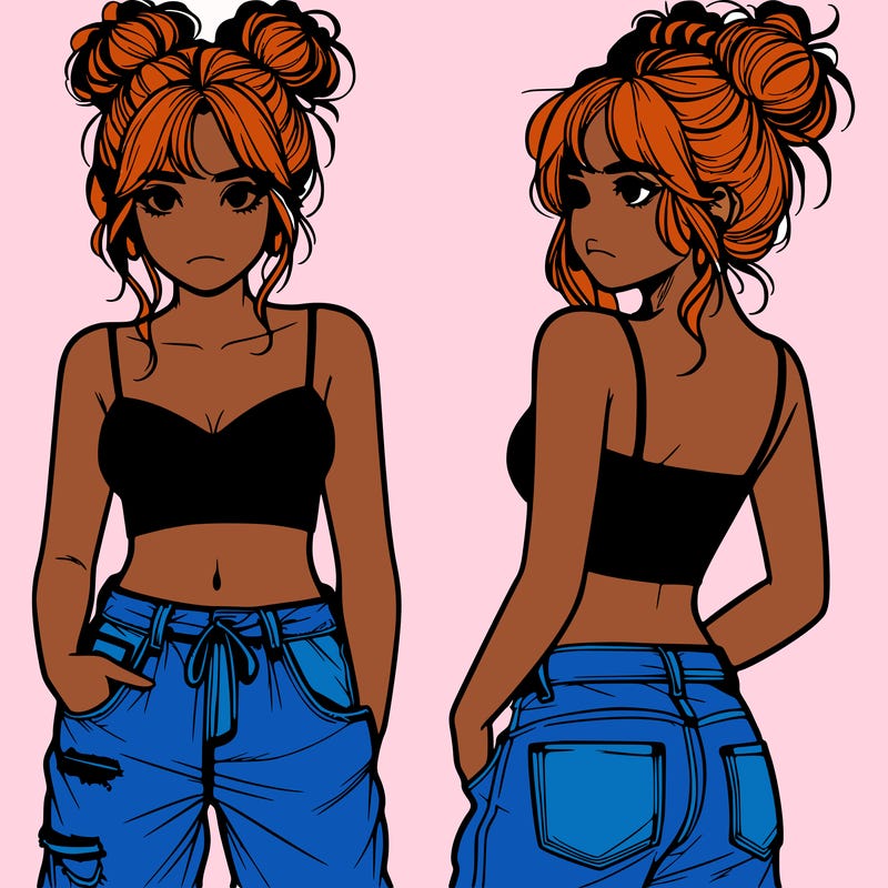 a realistic girl with a messy bun and baggy jeans with a crop top