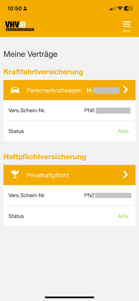 VHV Kundenportal - Mobile interface of the VHV Kundenportal app showing a summary of active car and liability insurance contracts.