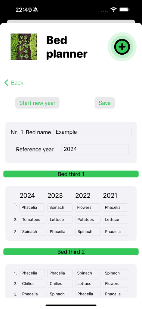 My garden journal - Interface of the My Garden Journal app showing a bed planner for tracking crop rotation and plant history over multiple years