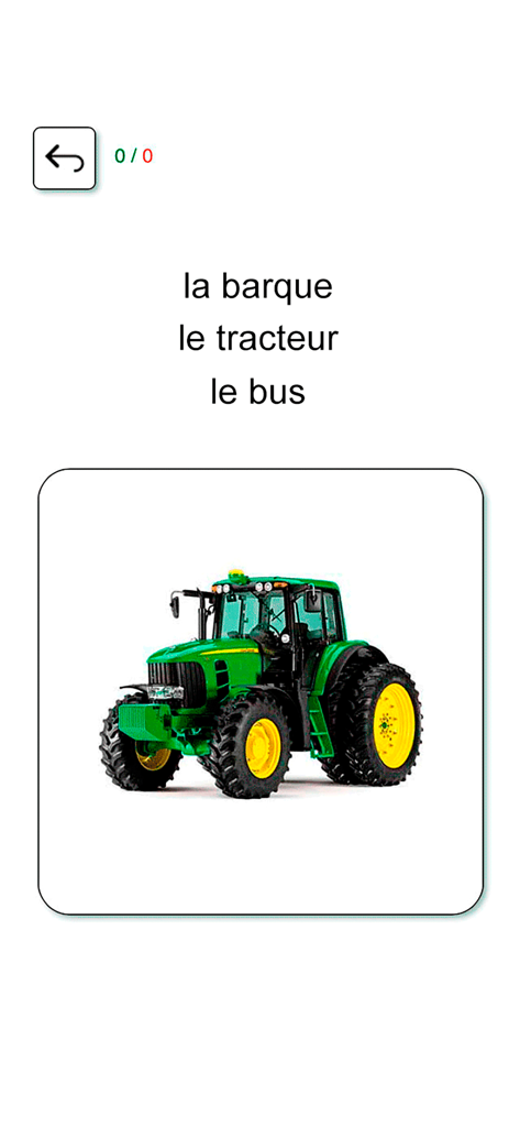 Un cuestionario de aprendizaje de idiomas francés que muestra una foto de un tractor verde y tres opciones de opción múltiple, incluido le tracteur.