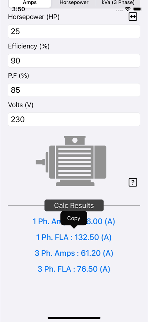 Electrical Motor Calculator - Interface of the Electrical Motor Calculator app showing calculations for amps and full load amps based on motor horsepower and efficiency
