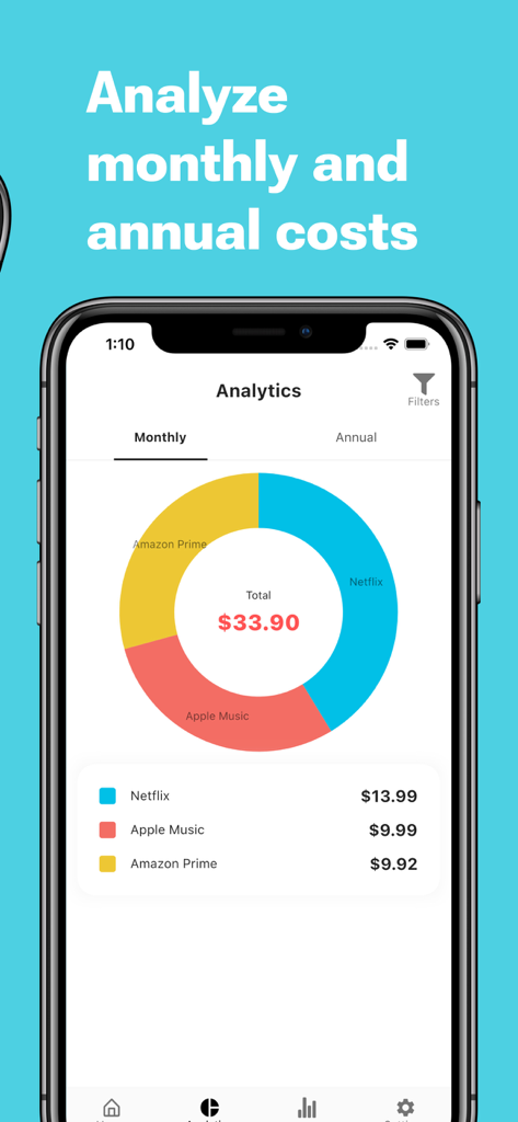 Subscription & Bill Manager - Un gráfico circular en la aplicación SubBill que muestra un desglose de los costos mensuales de suscripción como Netflix y Apple Music
