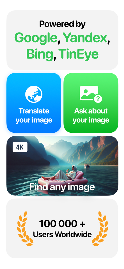 A summary of features for Search By Image Lens Identify including multi-engine support image translation and 100000 plus users milestone.