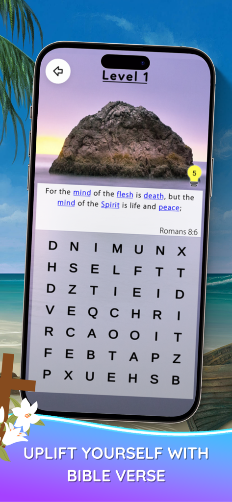 Bible Word Games: Puzzles App - Jogo de quebra-cabeça de busca de palavras bíblicas mostrando um versículo das Escrituras de Romanos e uma grade de palavras