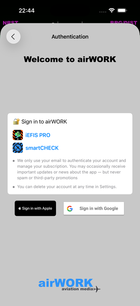 iEFIS Pro - Authentication screen for iEFIS Pro and smartCHECK apps with sign in options for Apple and Google