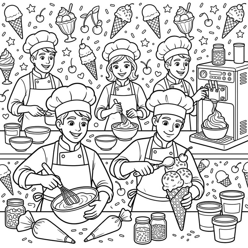 Step into a bustling kitchen where a group of happy ice cream chefs are busy crafting delicious frozen delights. This fun coloring page is perfect for kids who love desserts and creative culinary adventures.