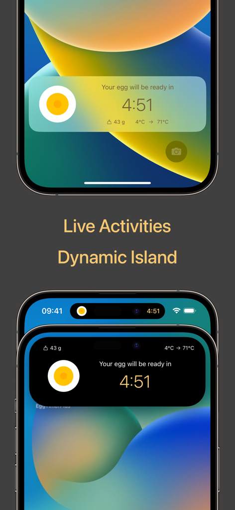 Egg Timer Plus app showing live activities and dynamic island cooking countdown on an iPhone