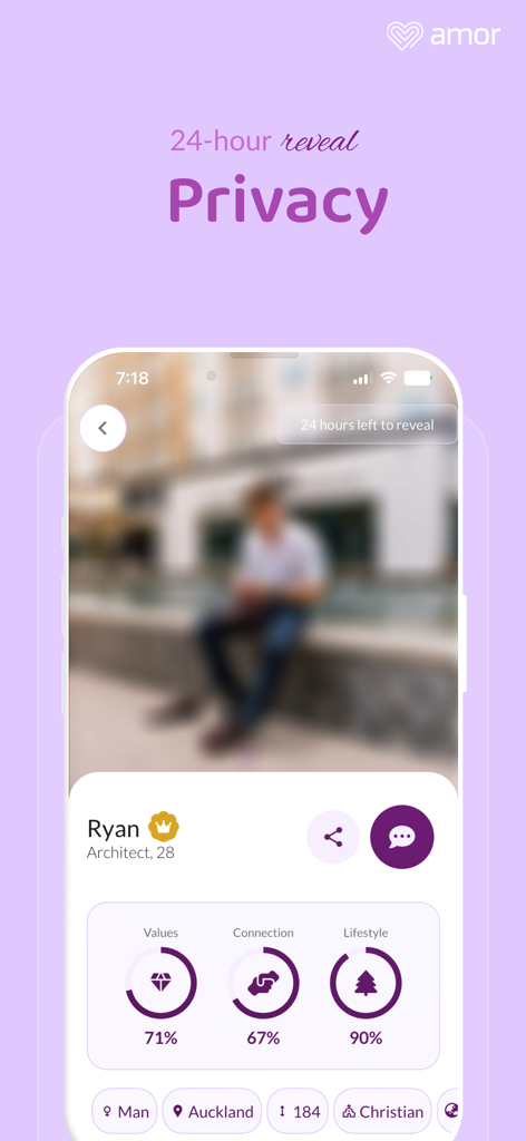 Amor Dating & Matchmaking - Amor dating app privacy screen showing a blurred profile with compatibility scores and a 24-hour reveal message