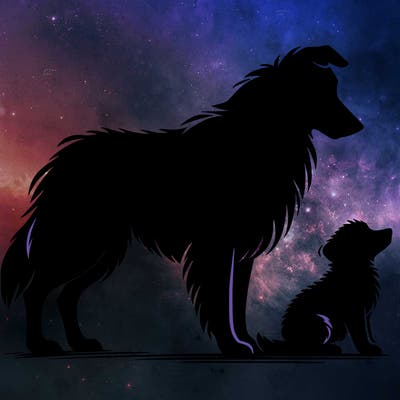 silhouette of a shepherd with his still and baby dog