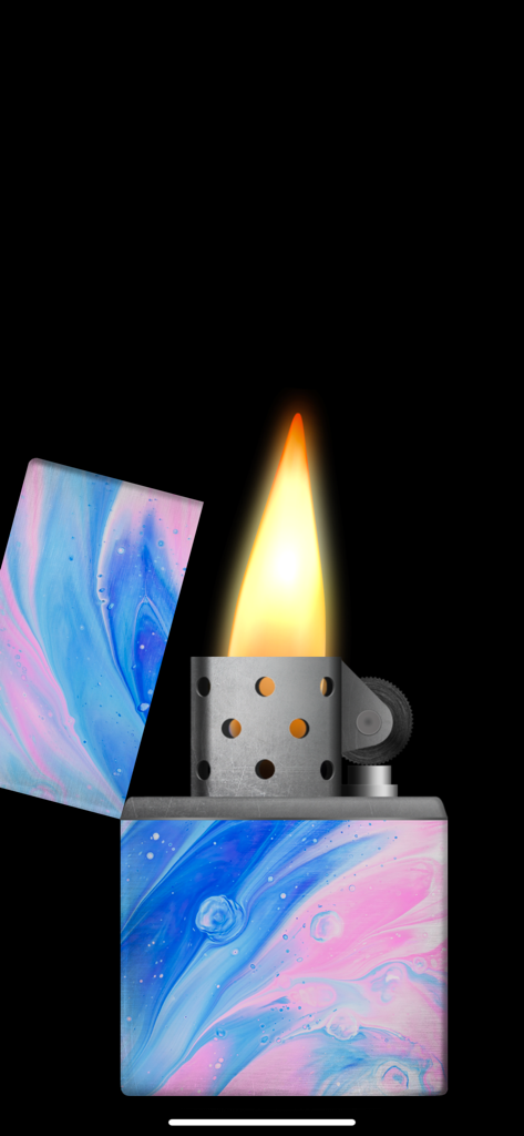 Simulador de isqueiro digital com tema de mármore azul e rosa e uma chama acesa