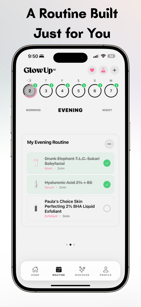 Glowup AI: Skin & Beauty Coach - Glowup AI app screen showing a personalized evening skincare routine with a list of products and daily tracking
