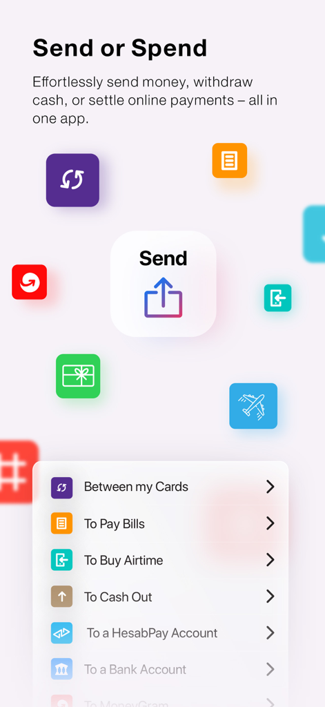 HesabPay - HesabPay app screen showing options to send money pay bills buy airtime and cash out