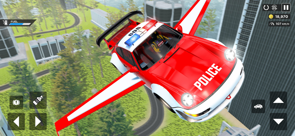 Flying Car Game: Police Games - A red and white police car with wings flying over a city in a 3D car simulator game