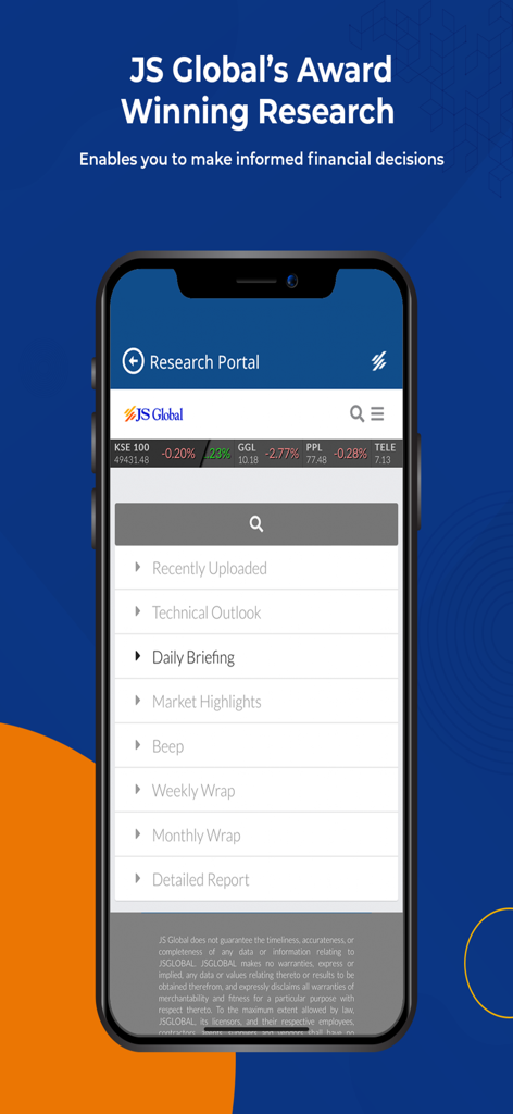 JS InvestPro - JS InvestPro research portal interface showing market reports and financial research categories for the Pakistan Stock Market.