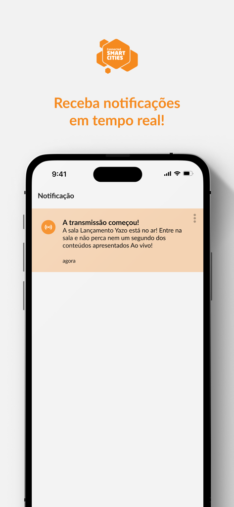 Un écran de smartphone affichant une notification en temps réel pour une session d'événement en direct dans l'application Connected Smart Cities.