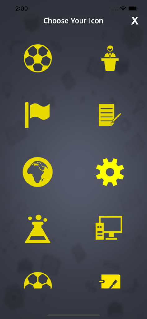 4000+ World General Knowledge - Pantalla de selección de iconos que muestra varias categorías de conocimientos generales como deportes, ciencia y geografía