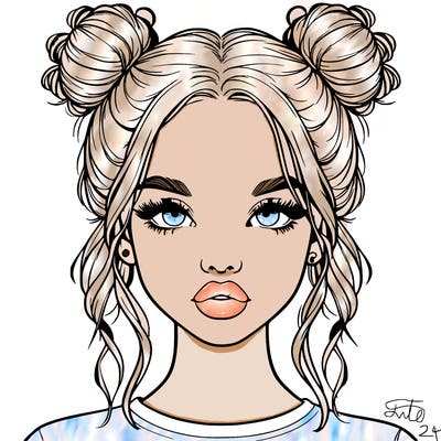 realistic girl with two buns in hair and lips