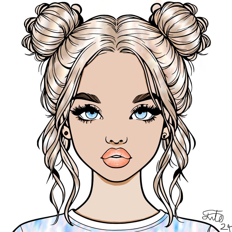 realistic girl with two buns in hair and lips