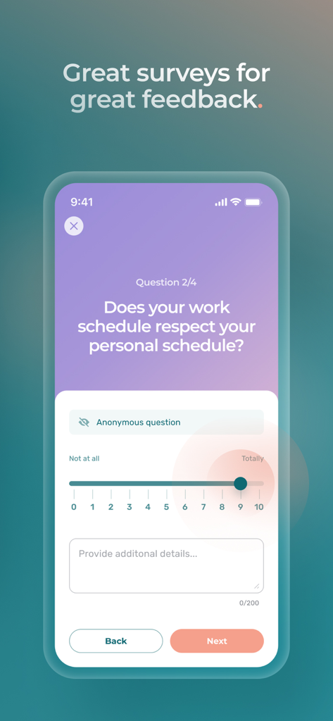 Agendrix – Employee Scheduling - A mobile app screen showing an anonymous employee feedback survey regarding work schedule and personal life balance