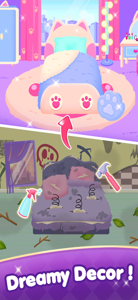 BonBon Makeup & Dress Up - A before and after bedroom renovation mini-game showing a messy room transformed into a cute pink cat themed bedroom
