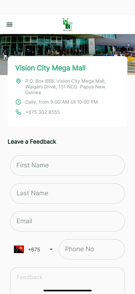 VCGC - Vision City Mega Mall contact information and feedback submission form