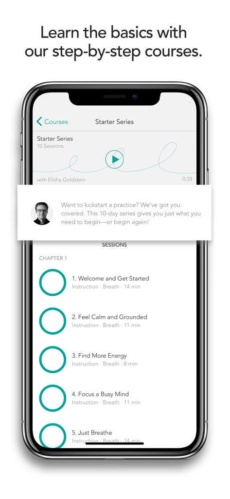 Meditation Studio - Meditation Studio app interface displaying a list of guided meditation sessions in the starter series course