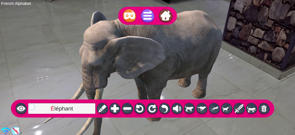 AR Kid's Kit 4D - 3D-Elefantenmodell in erweiterter Realität (AR) für den Französischunterricht in der AR Kids Kit 4D App.