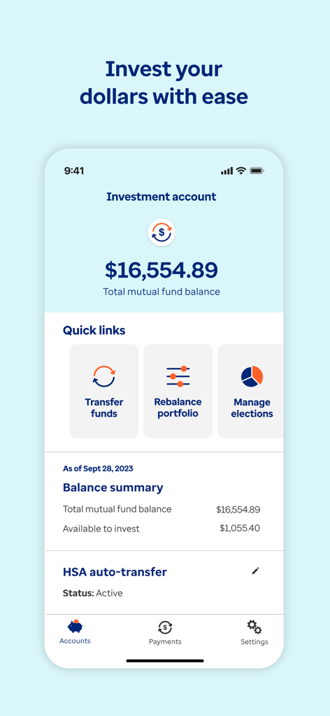 Mobile app interface for Optum Bank showing investment account details and balance summary