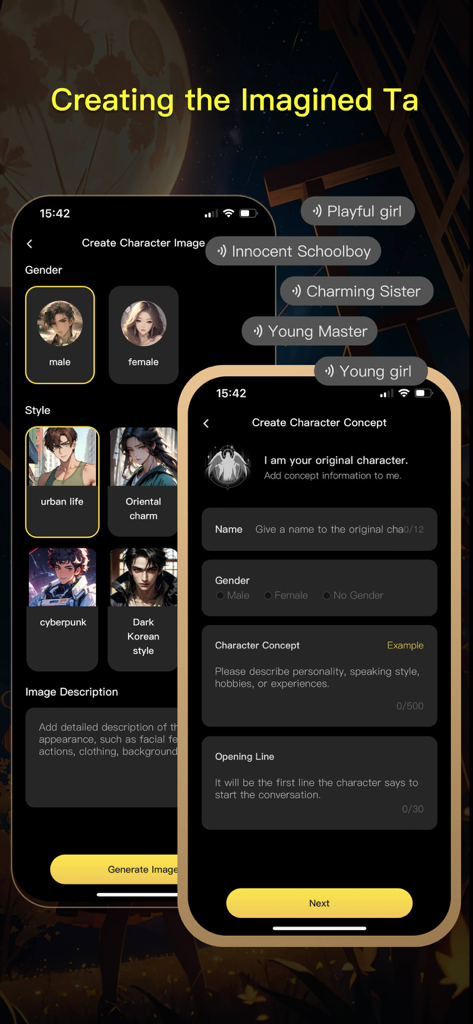 COSAI - AI Roleplay Chat - Interface screens for creating custom AI characters with options for gender, style, image description, and character concept.