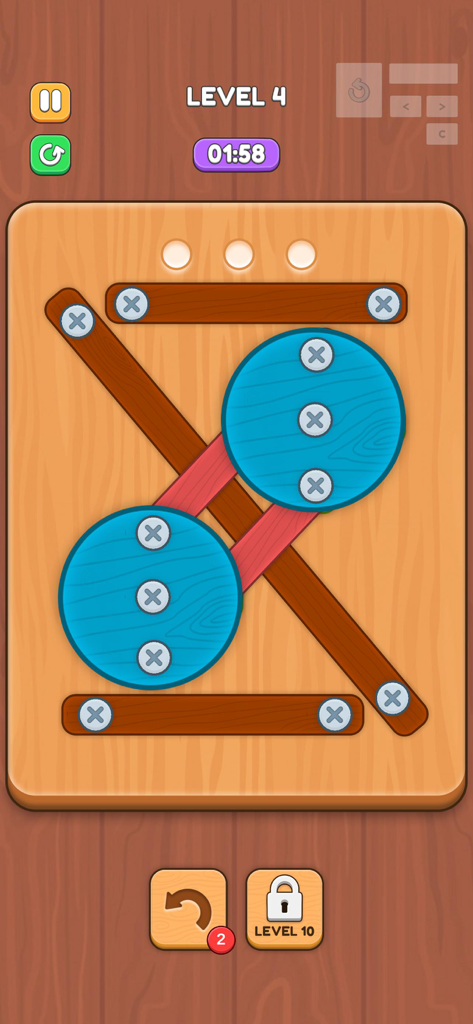 Uno screenshot di gioco di Screw Puzzle Challenge Game che mostra il livello 4 con assi di legno e piastre circolari blu tenute da viti su una tavola di legno.