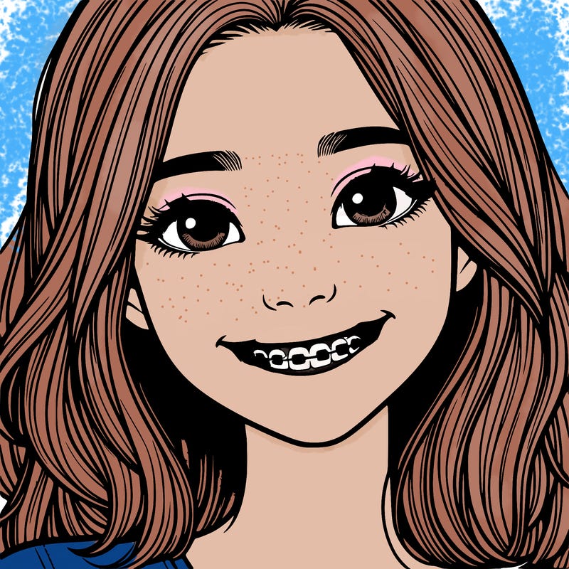 a girl with braces smiling with freckles realistic