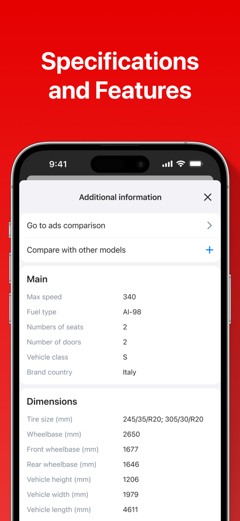 AUTO.AE: Buy & Sell Cars - A screenshot of the AUTO.AE app displaying detailed technical specifications and dimensions for a vehicle