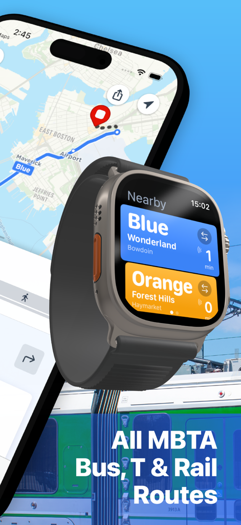 Boston Transit: MBTA Tracker - Boston Transit app interface showing real-time MBTA tracking on an iPhone and Apple Watch